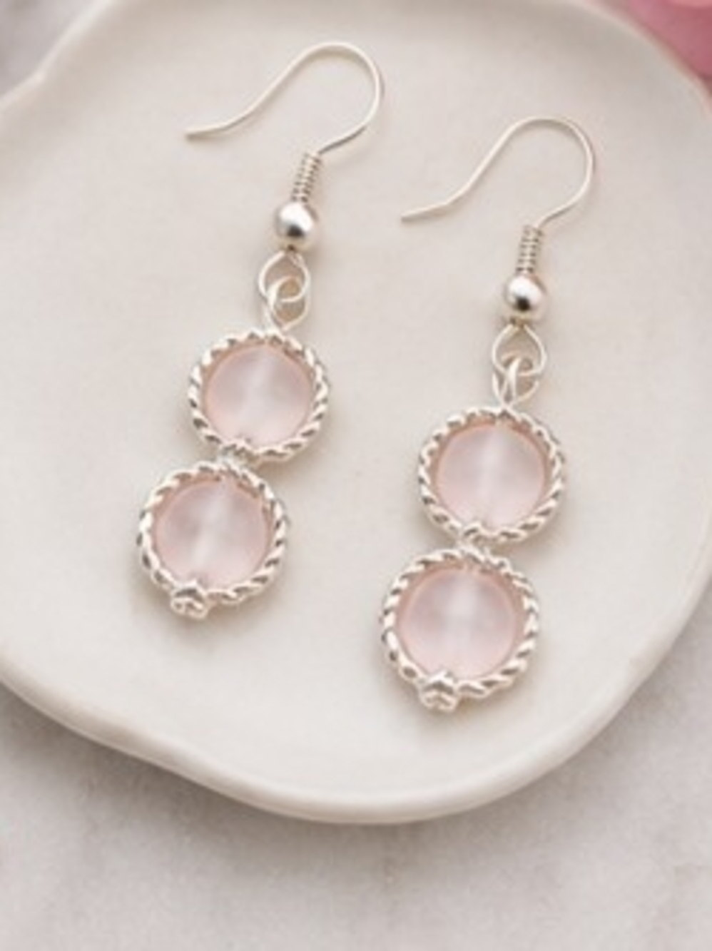 Silver Drop Earrings with Pale Pink Stones